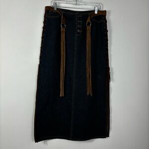 Y2K Denim Midi Skirt Womens Size 12 Leather Belt 90s Squeeze Stephen Hardy